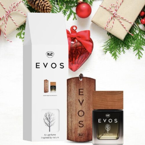 K2 EVOS Zestaw prezentowy: drewniana zawieszka + perfumy samochodowe
