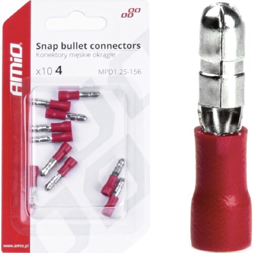 AMIO Konektory izolowane męskie okrągłe walcowe 4mm 0,5-1,5mm2 10A 10szt