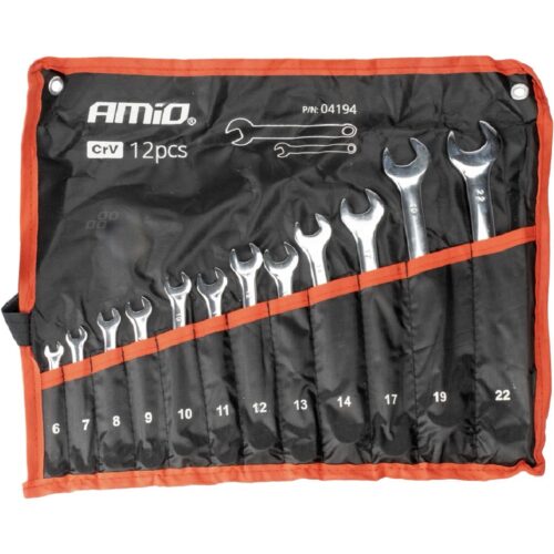 AMIO Klucze płasko-oczkowe 6-22mm zestaw 12szt.