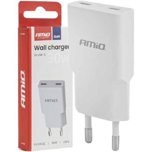 AMIO Ładowarka kostka sieciowa 30W 230V GaN 2xUSB-C