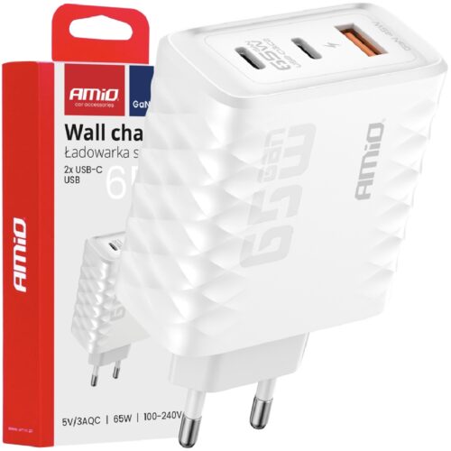 AMIO Ładowarka sieciowa kostka 65W USB-A 2xUSB-C QC