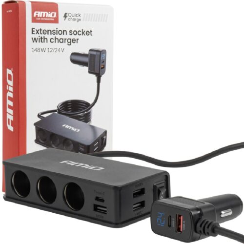 AMIO Trójnik gniazda zapalniczki 148W 3xUSB-A USB-C