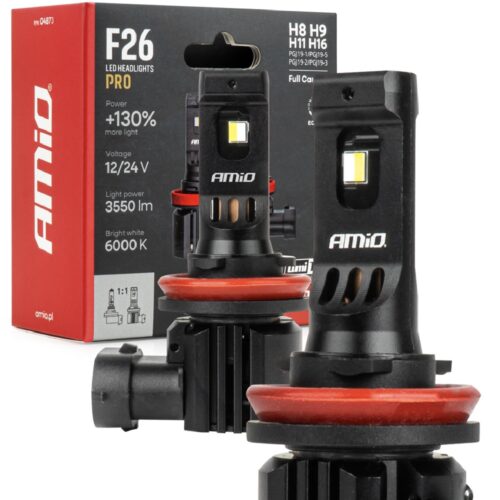 AMIO Żarówki LED FULL CANBUS H8 H9 H11 H16 +130% F26 PRO